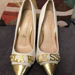 Show stopper white and gold heels